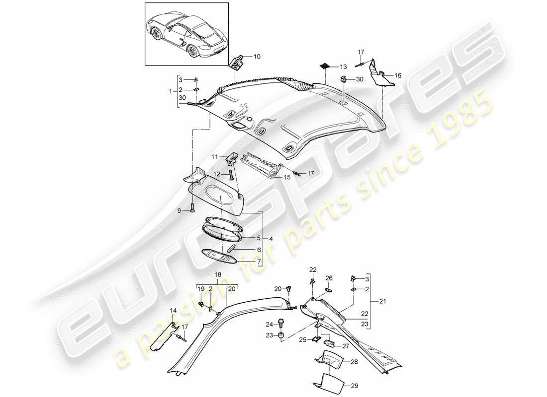 porsche 2010 (987 cayman) roof trim panel part diagram