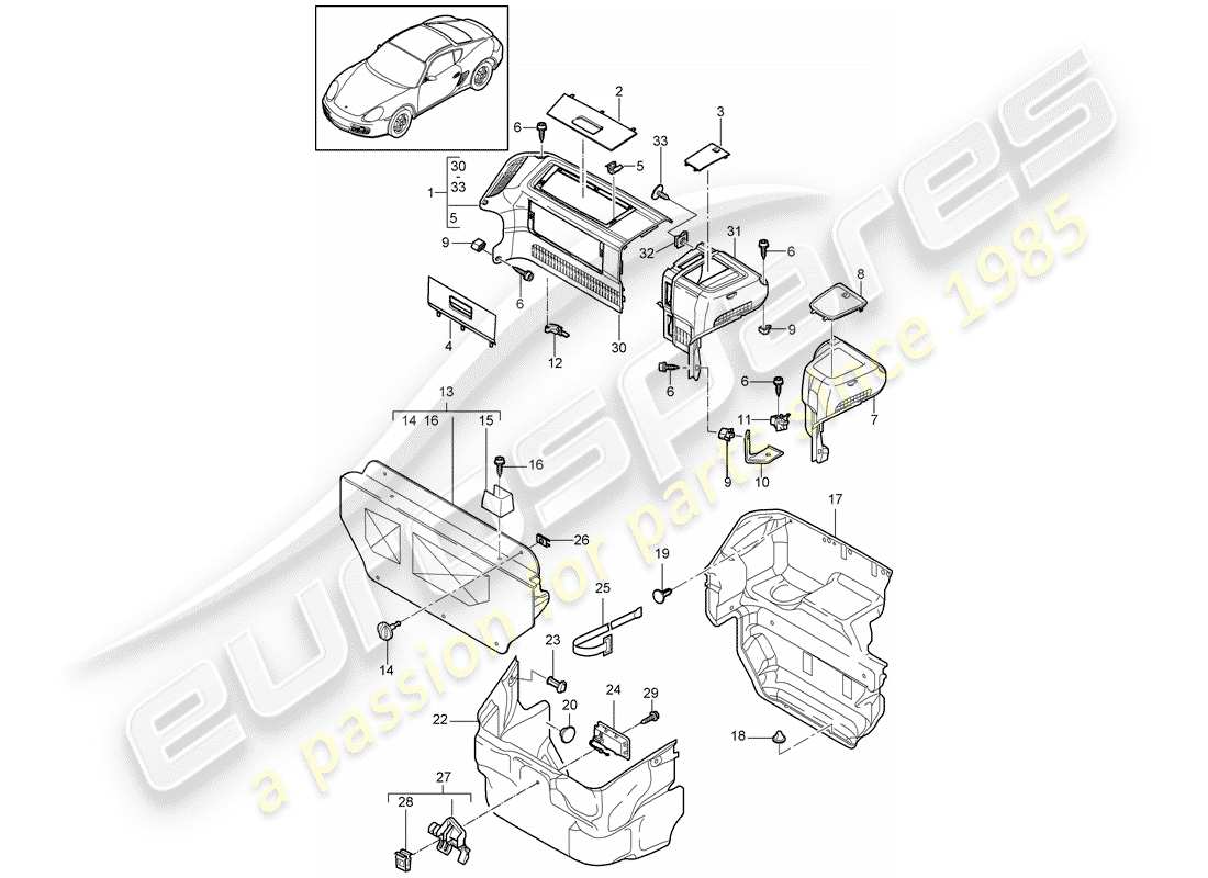 porsche cayman 987 (2010) luggage compartment part diagram