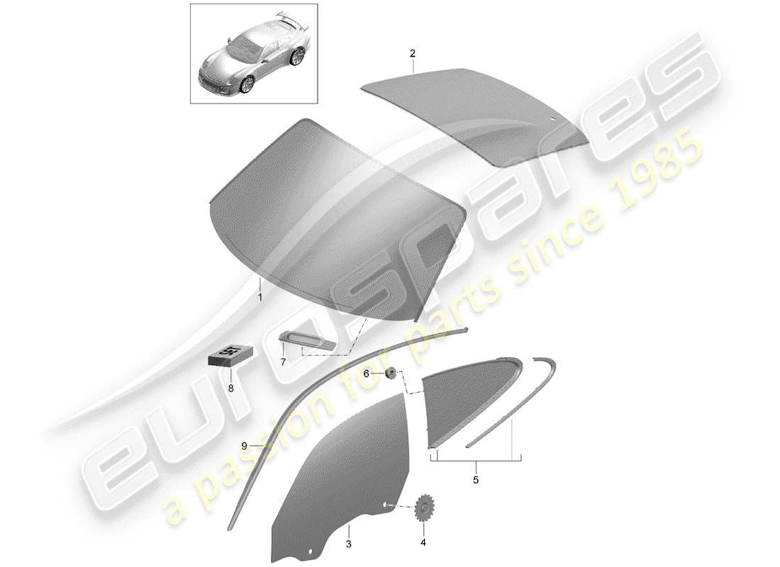 porsche 2018 (991-2 r/gt3/rs) windshield glass part diagram