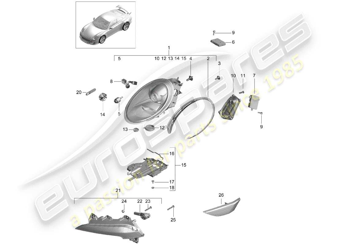 porsche 2018 (991-2 r/gt3/rs) headlamp part diagram