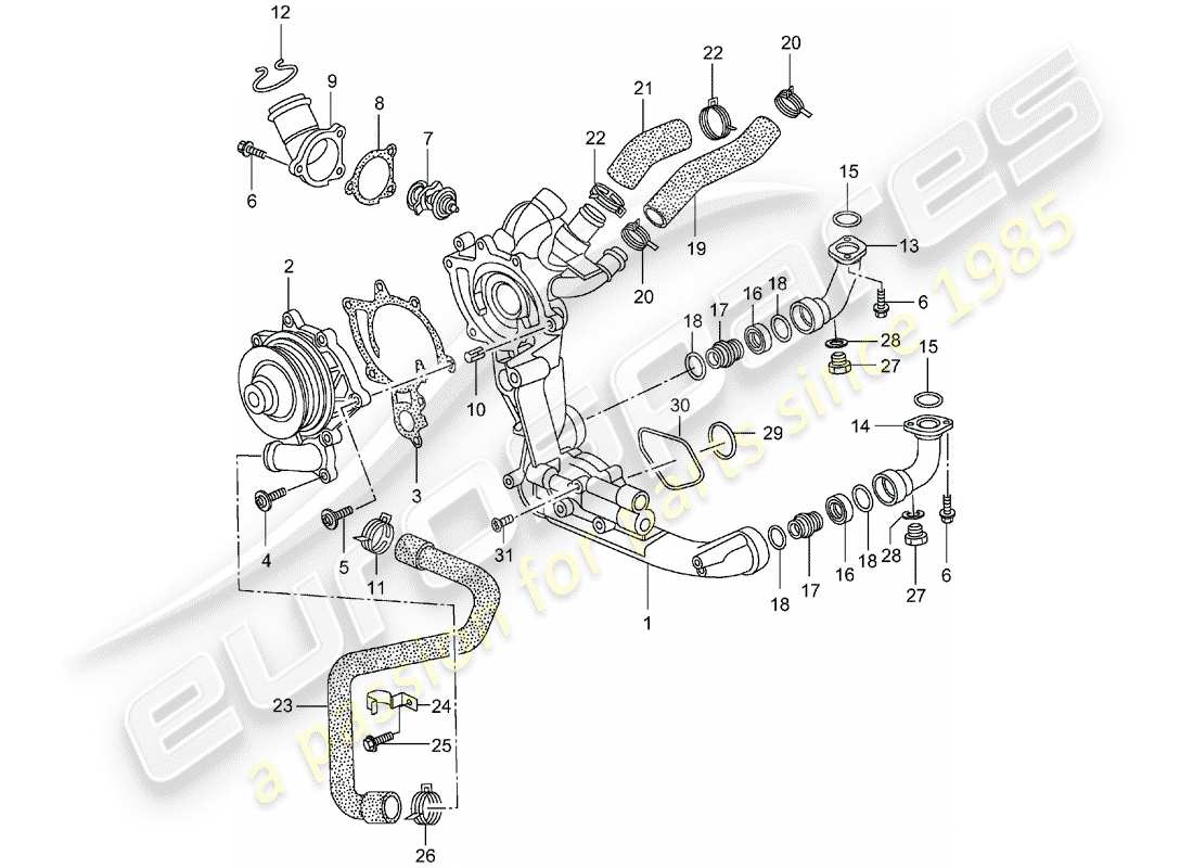 porsche 2003 (996 turbo / gt2) water pump - water pump housing part diagram