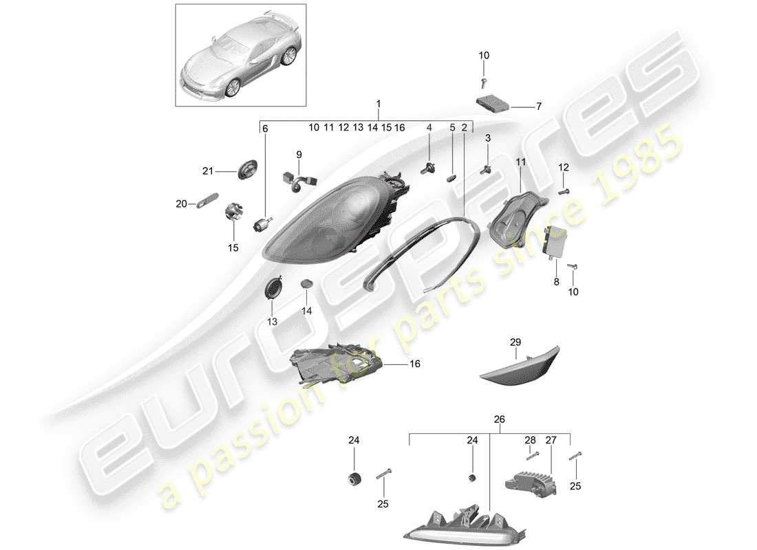 porsche cayman gt4 (2016) headlamp parts diagram