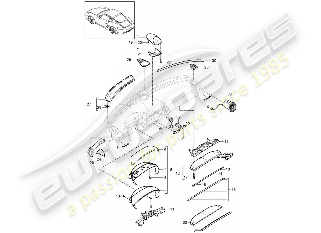 porsche 2009 (987 cayman) dash panel trim part diagram