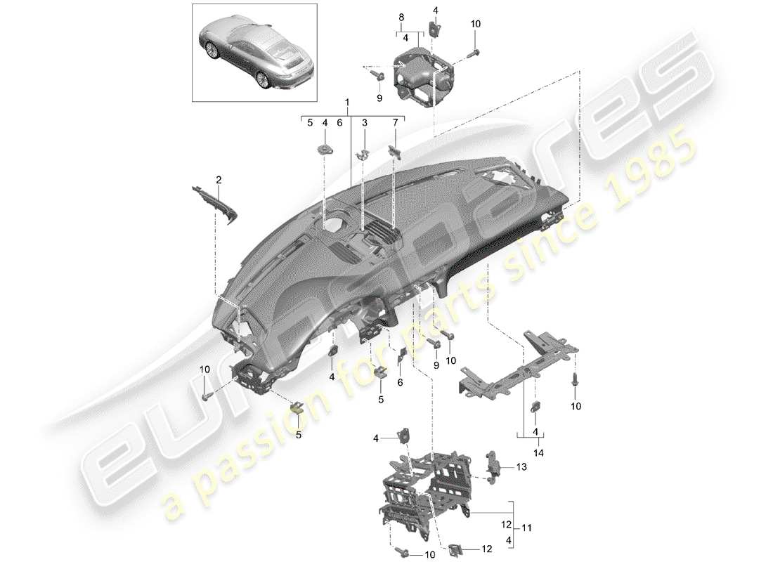 porsche 991 gen. 2 (2017) dash panel trim parts diagram