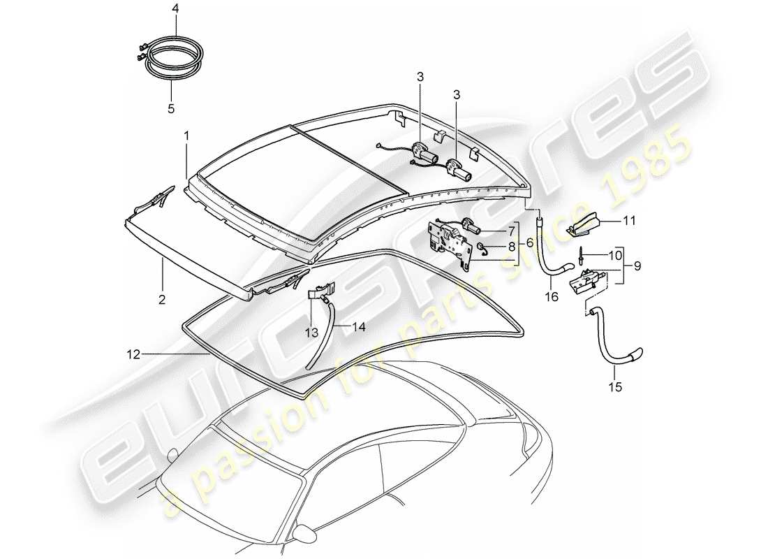 porsche 1998 (996) glass roof parts diagram
