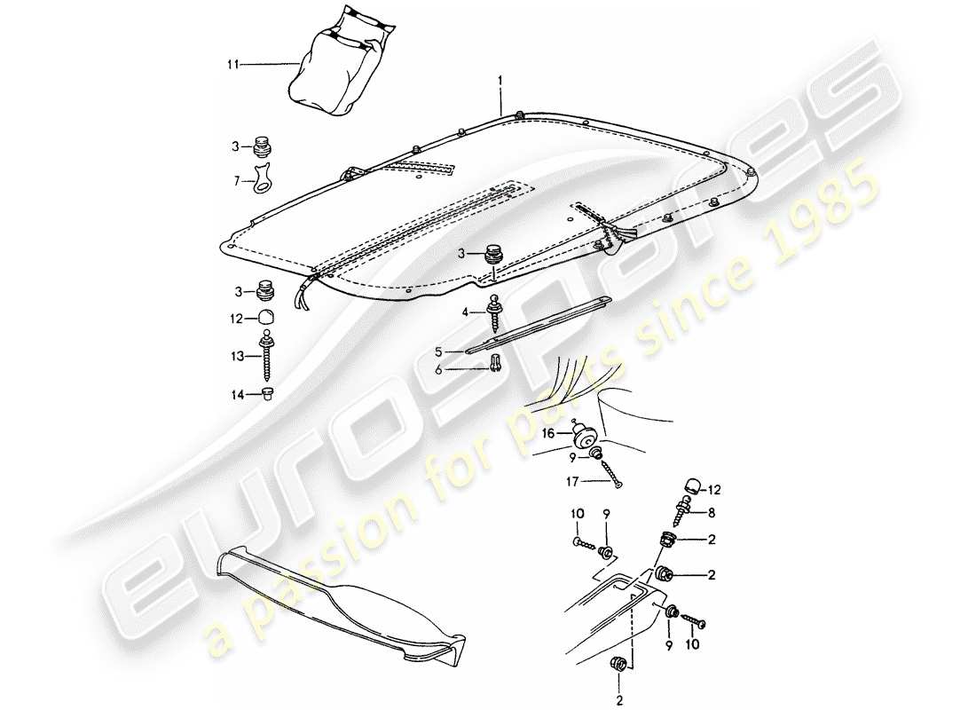 porsche 1990 (964) tonneau cover part diagram