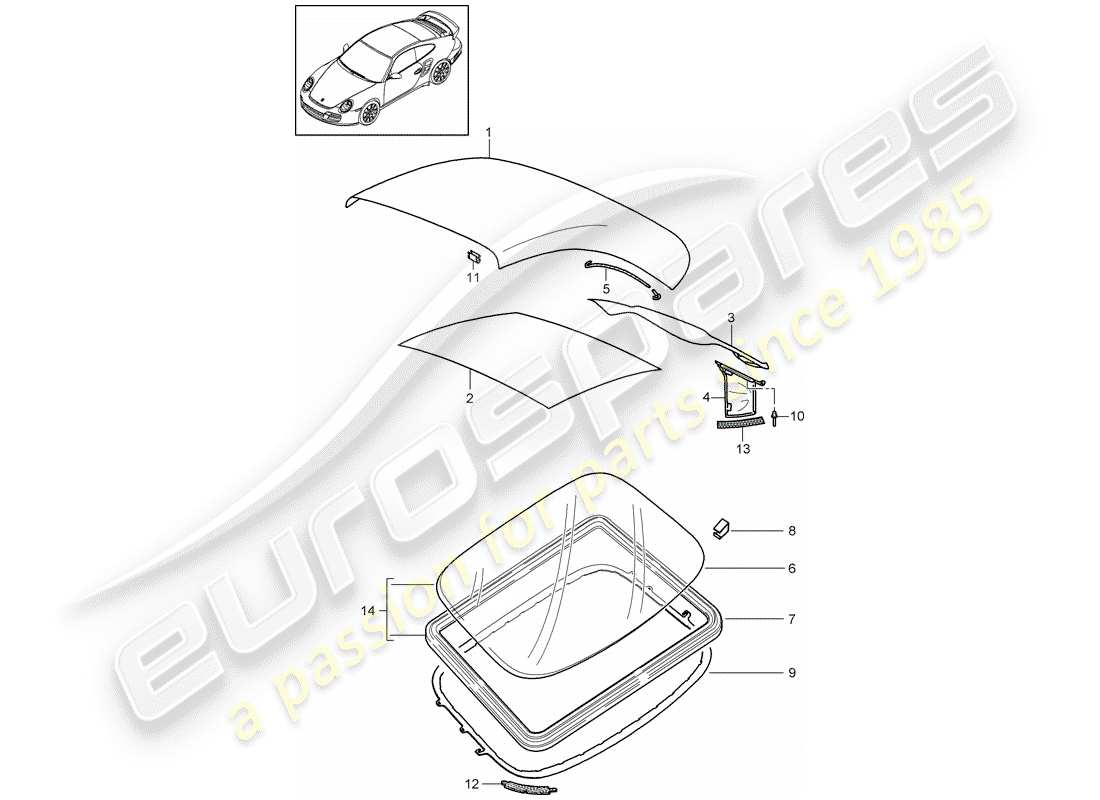 porsche 997 t/gt2 (2008) convertible top covering part diagram