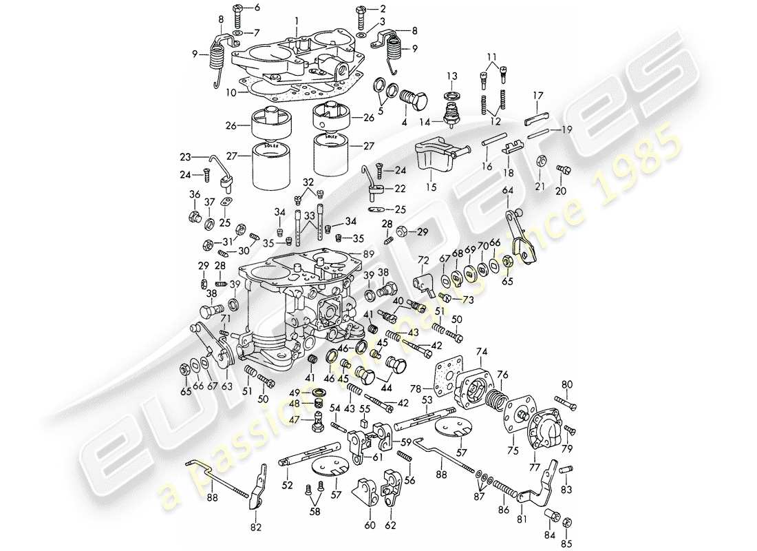 porsche 1967 (911/912) single parts - for - carburetor - solex-40 pii-4 - with: - throttle shaft - divided part diagram