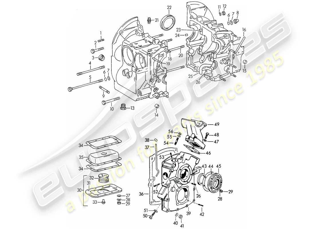 porsche 1955 (356/356a) crankcase - m 22 001 >> - m 50 101 >> - m 33 901 >> - m 41 001 >> - m 60 001 >> - m 80 001 >> part diagram