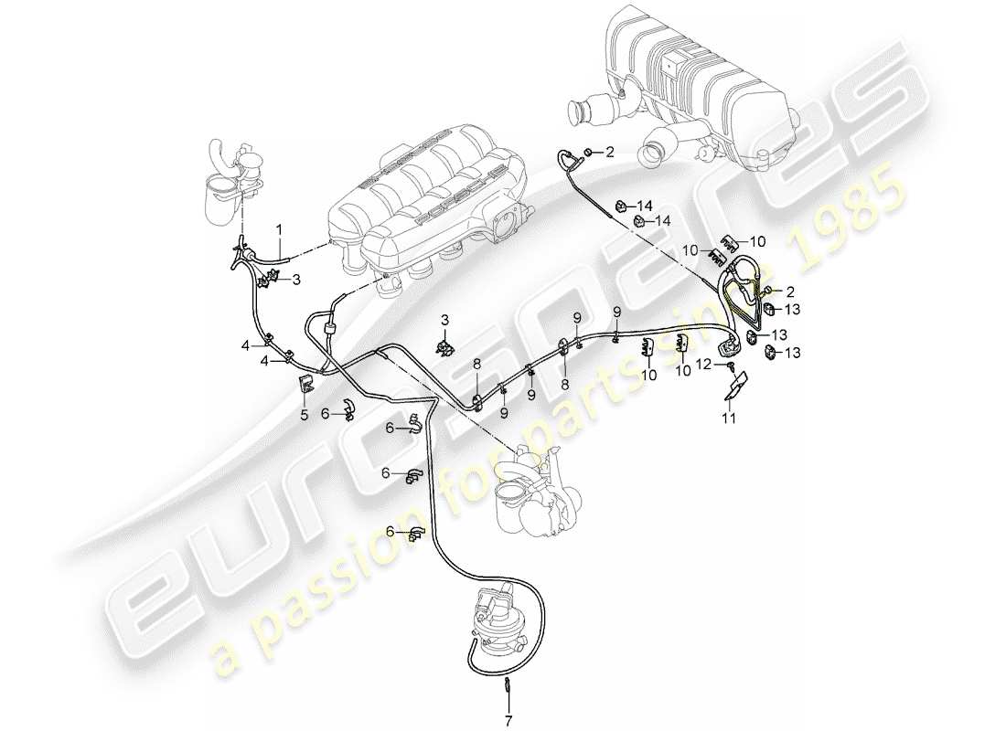 porsche 2005 (carrera gt) vacuum line - intake air distributor - vacuum tank - air injection - control box - exhaust silencer, rear part diagram