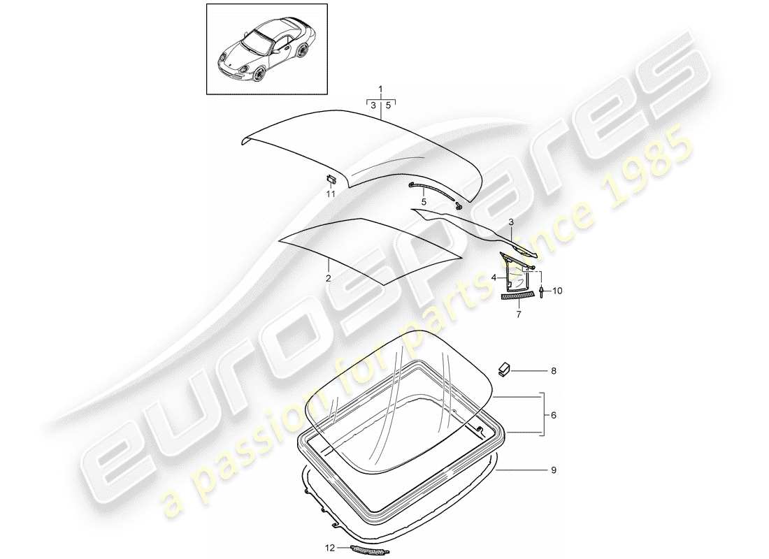 porsche 2012 (997-2) convertible top covering parts diagram