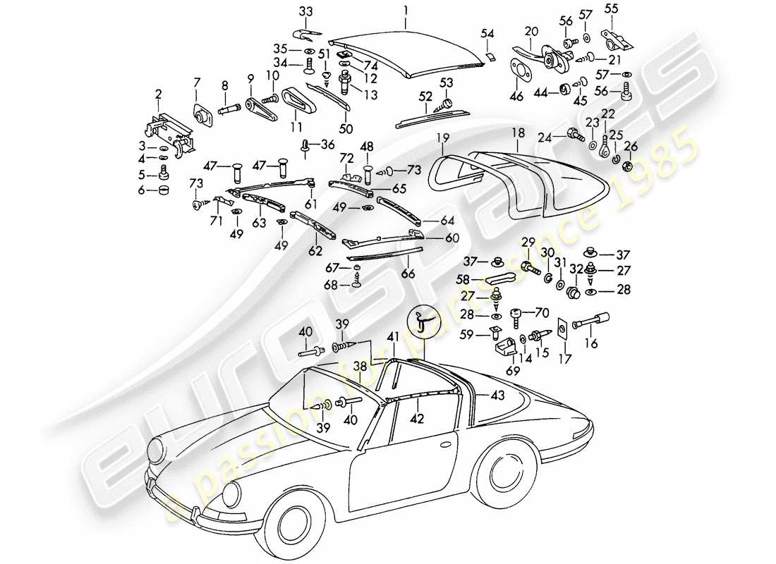 porsche 1966 (911/912) roof part diagram