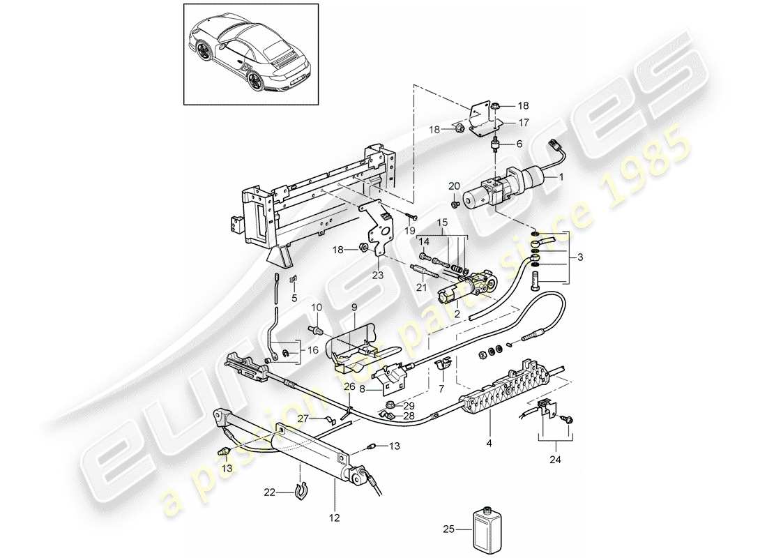 porsche 911 t/gt2rs (2011) convertible top part diagram