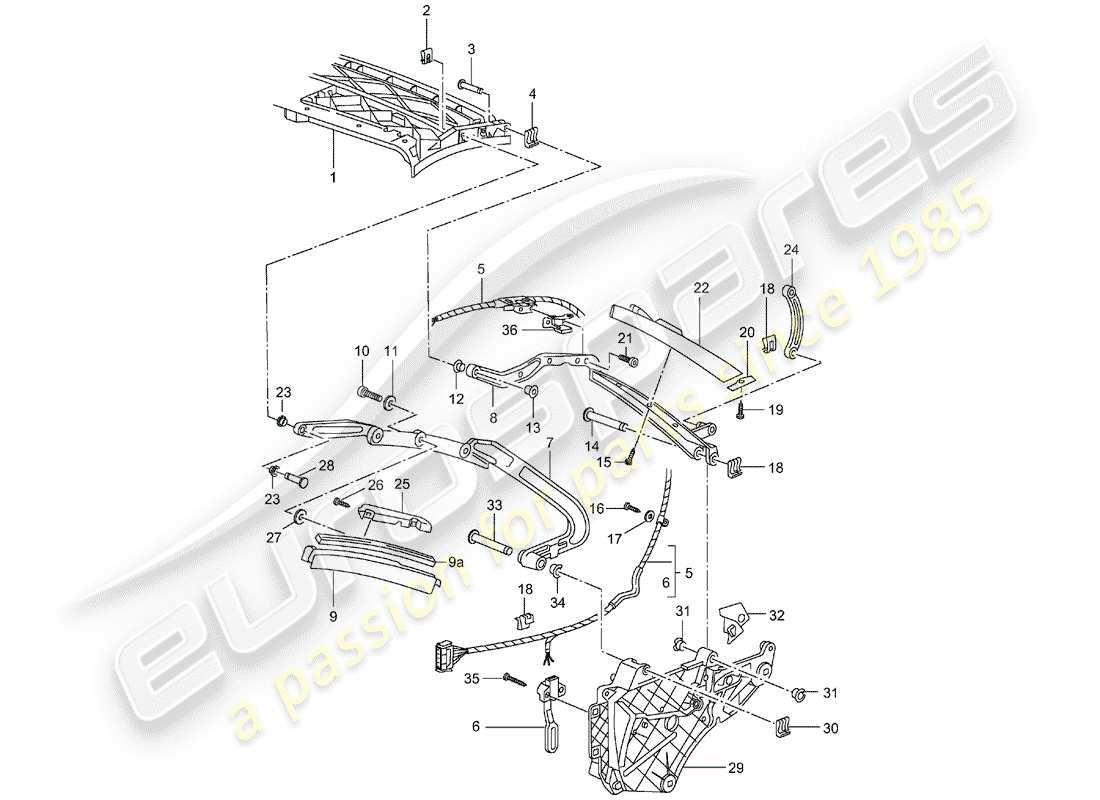 porsche 2004 (996) top frame - single parts parts diagram