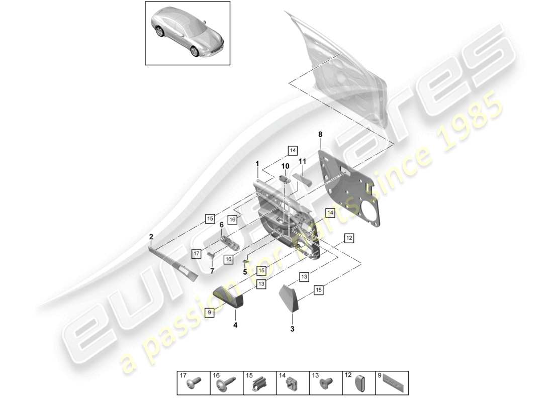 porsche 2019 (panamera 971-1) door panel front alcantara parts diagram