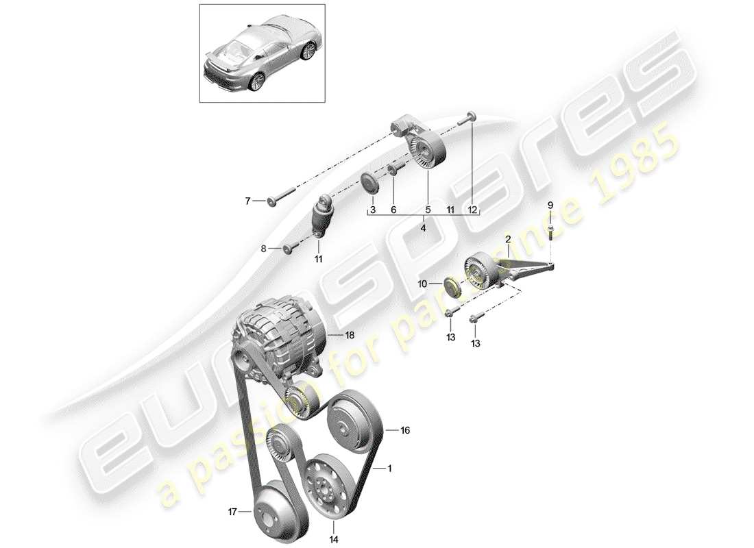 porsche 2016 (991-1 r/gt3/rs) v-ribbed belt part diagram