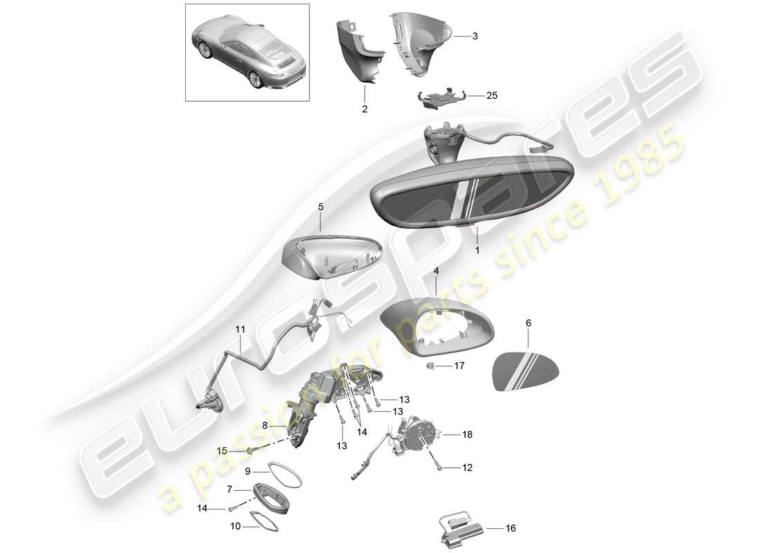 porsche 2018 (991-2) rear view mirror inner parts diagram