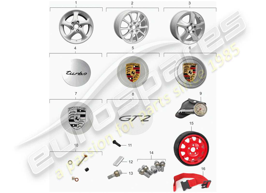 porsche 2002 (996 turbo / gt2) wheels parts diagram