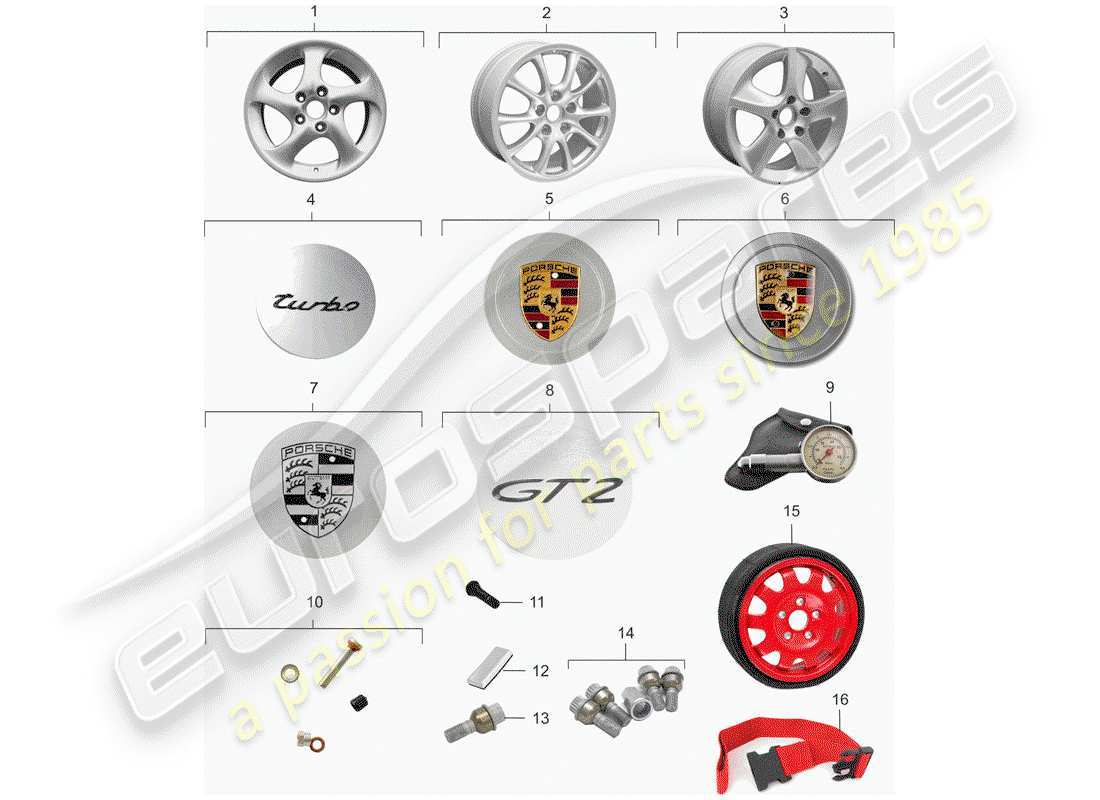 porsche 996 t/gt2 (2002) wheels parts diagram