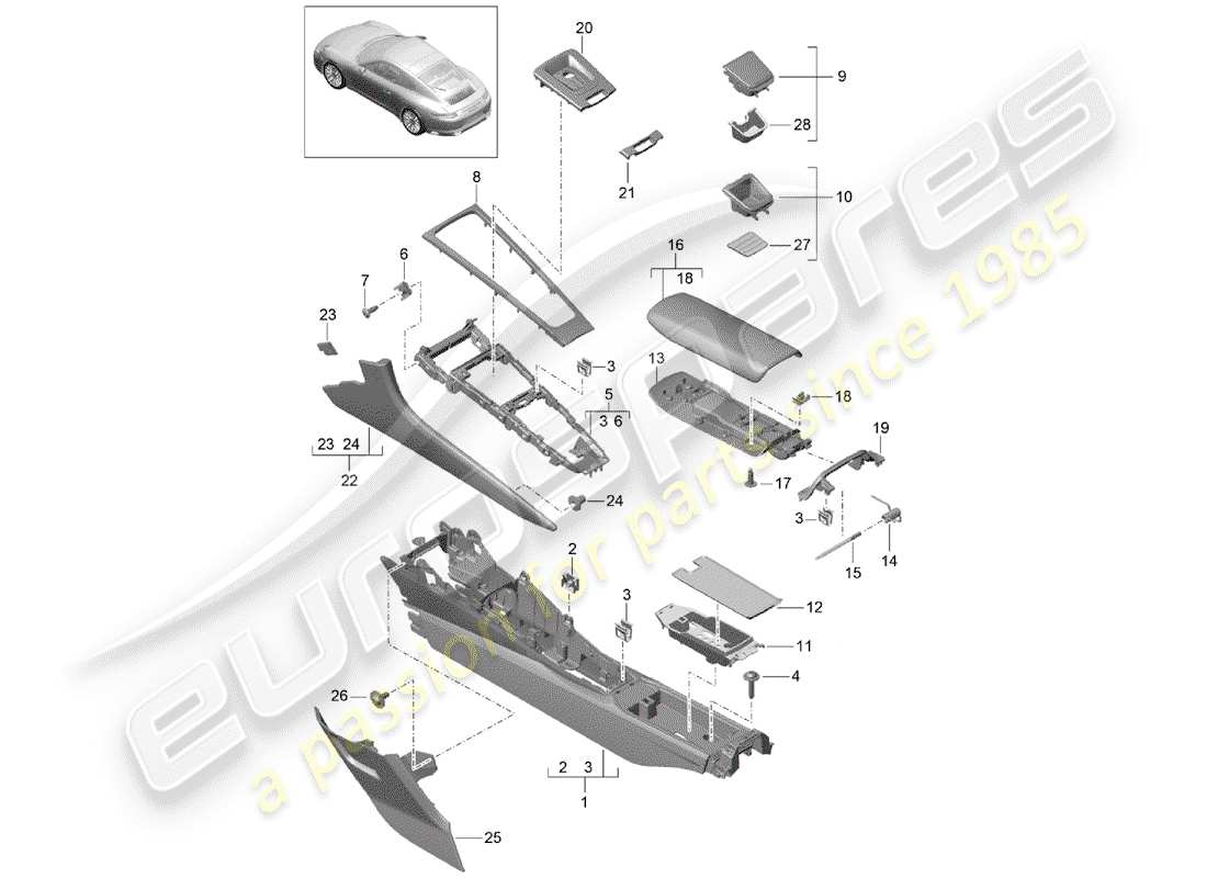 porsche 991r/gt3/rs (2015) center console parts diagram