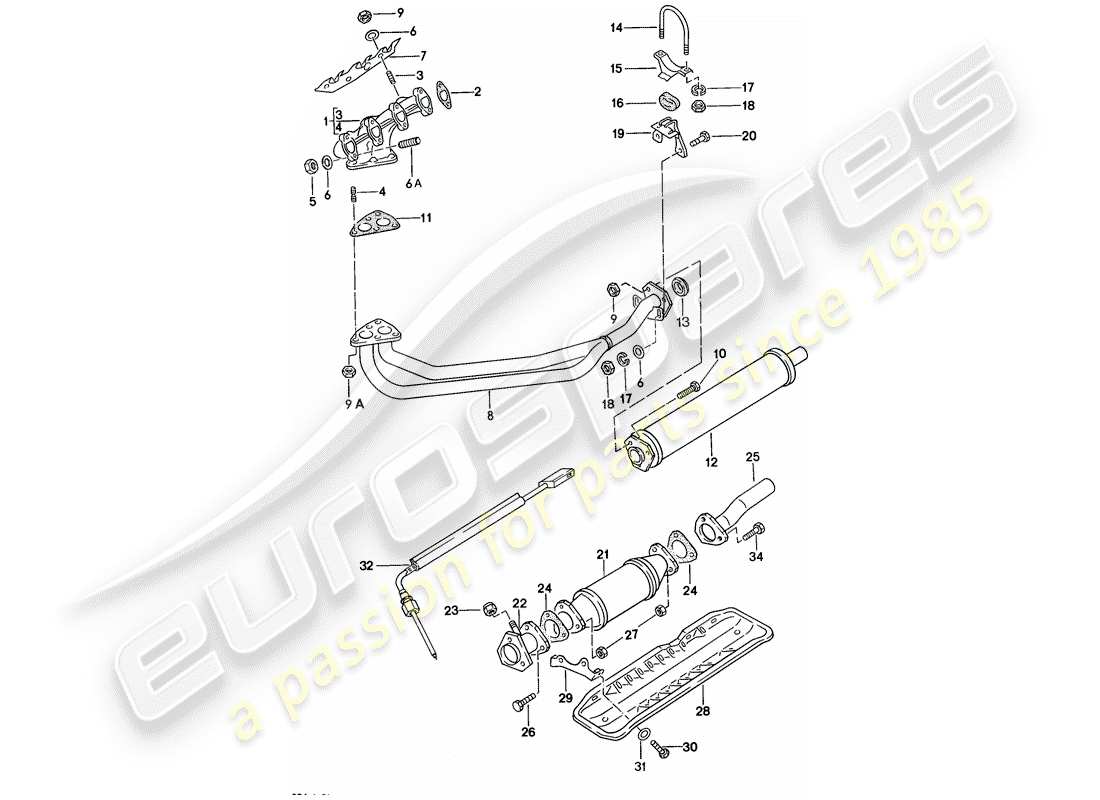 porsche 1976 (924) exhaust system - exhaust silencer, front parts diagram