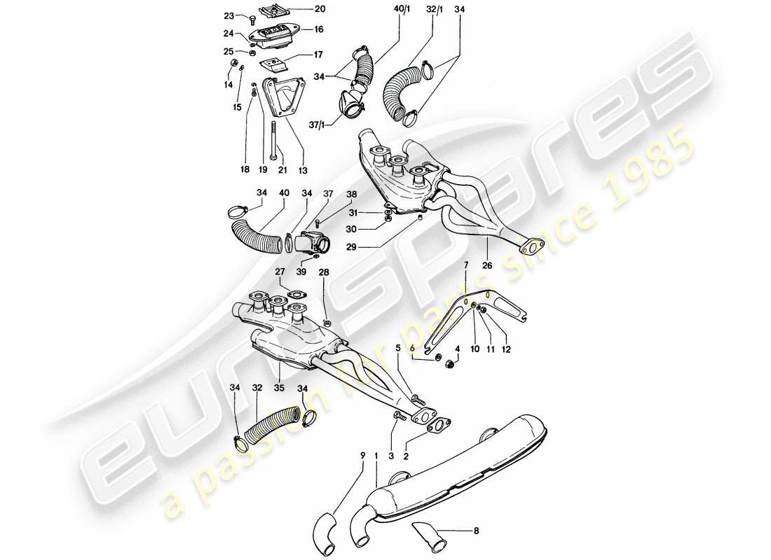 porsche 1976 (914) exhaust system - heating air supply - engine suspension part diagram