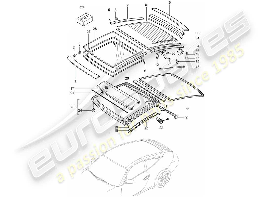 porsche 2008 (997-1) glass roof part diagram