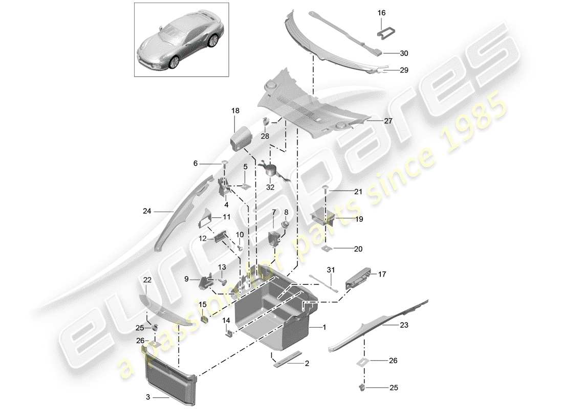porsche 991 turbo (2014) boot lining part diagram