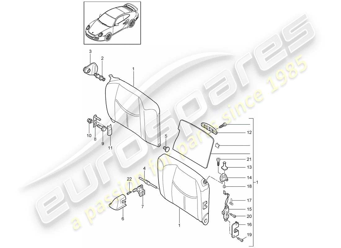 porsche 911 t/gt2rs (2011) emergency seat backrest parts diagram