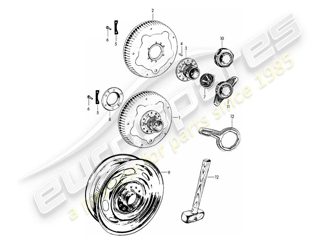 porsche 356b/356c (1961) perforated disc wheel - central locking - with: - fasteners parts diagram