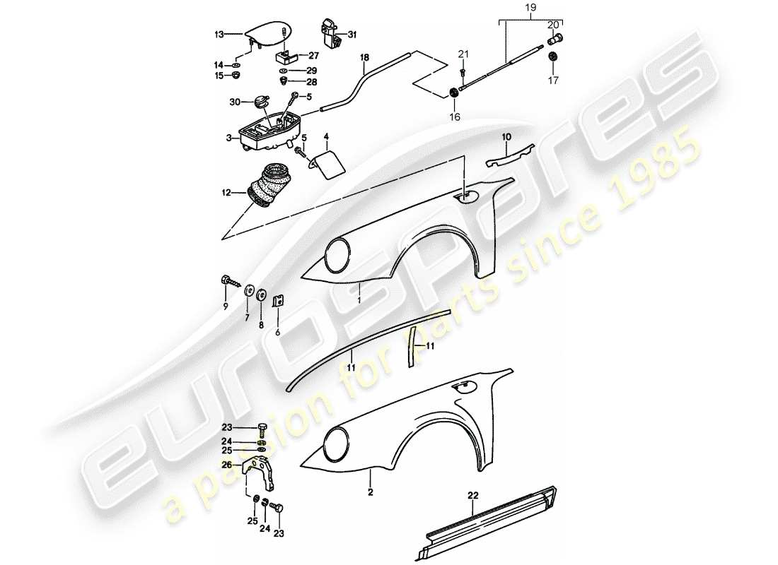 porsche 1987 (911) fender - with: - plastic cup for tank - to fit use workshop material part diagram