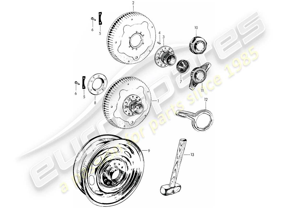 porsche 1955 (356/356a) perforated disc wheel - central locking parts diagram