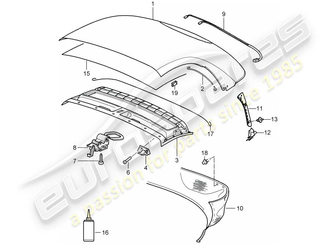 porsche 2007 (987 boxster) convertible top covering part diagram