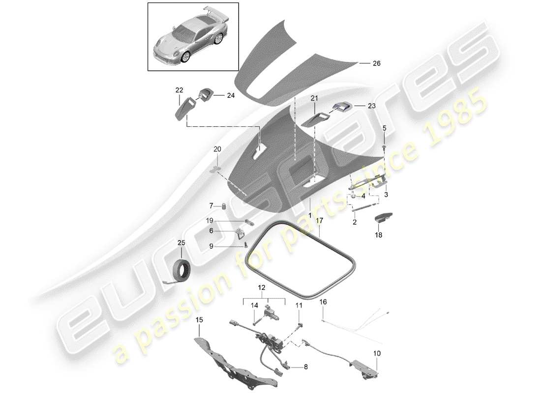 porsche 991 turbo (2014) hood part diagram