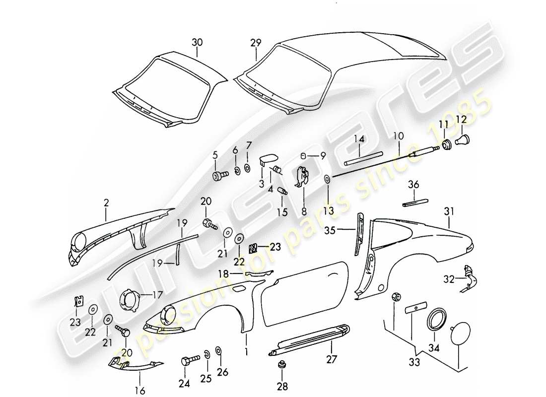 porsche 1966 (911/912) exterior panelling part diagram