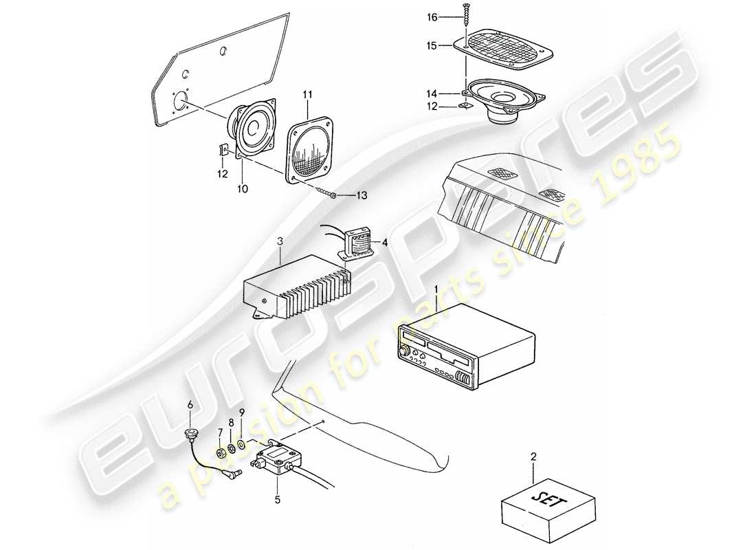 porsche 1987 (959) radio unit - loudspeaker - installation parts part diagram