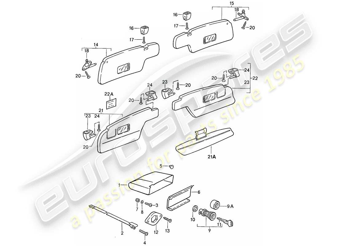 porsche 1989 (911) glove box - sun vizors part diagram