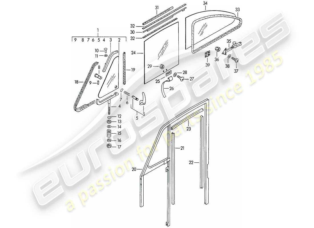 porsche 1955 (356/356a) side window - door window parts diagram