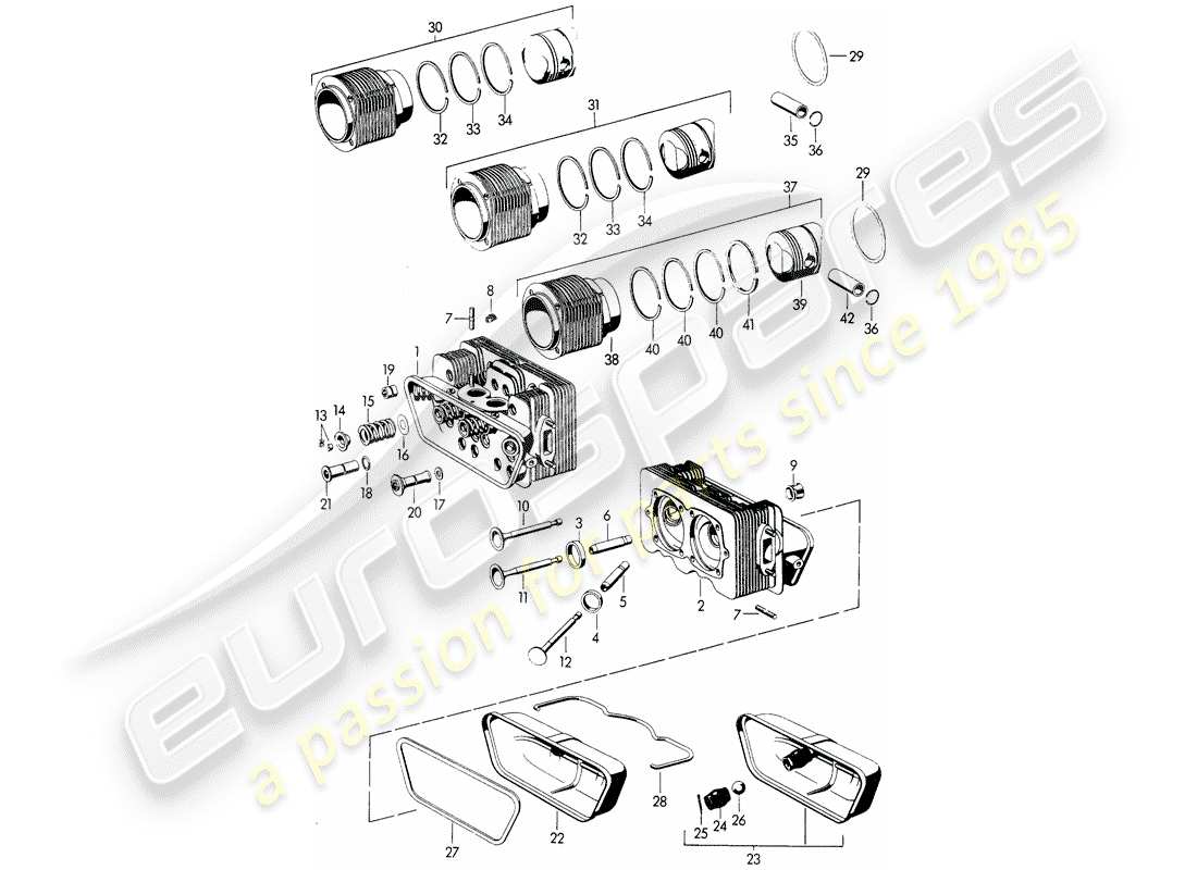 porsche 1955 (356/356a) cylinder head - cylinder with pistons - m 22 001 >> - m 50 101 >> - m 33 901 >> - m 41 001 >> - m 60 001 >> - m 80 001 >> part diagram