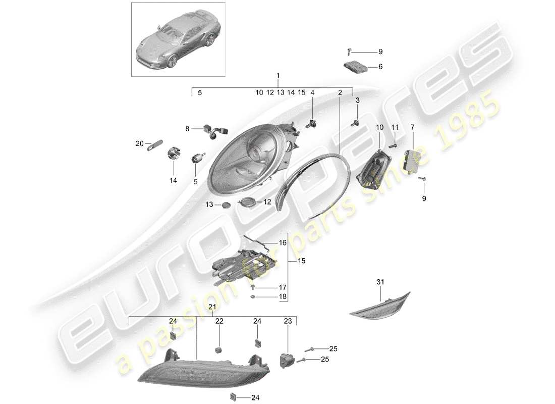 porsche 991 turbo (2014) headlamp part diagram