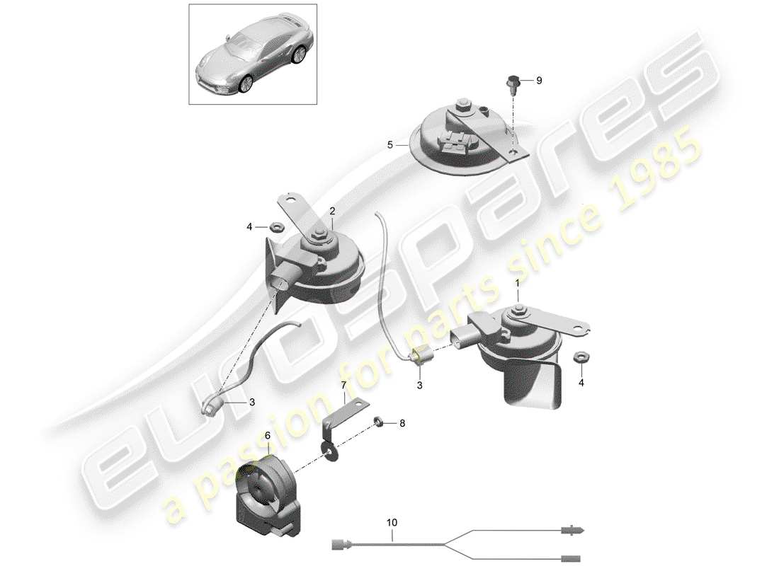 porsche 991 turbo (2014) fanfare horn part diagram