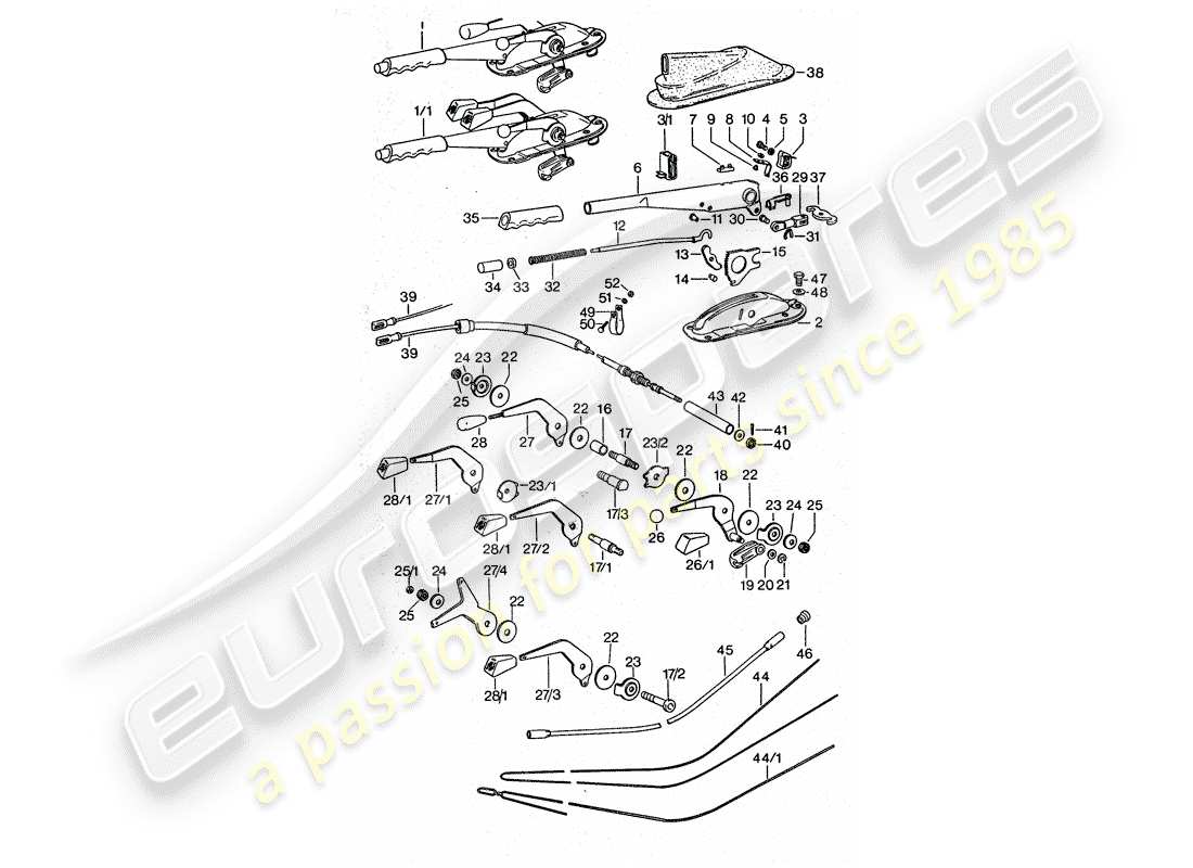 porsche 1977 (911 turbo) operating lever - handbrake - manual throttle part diagram