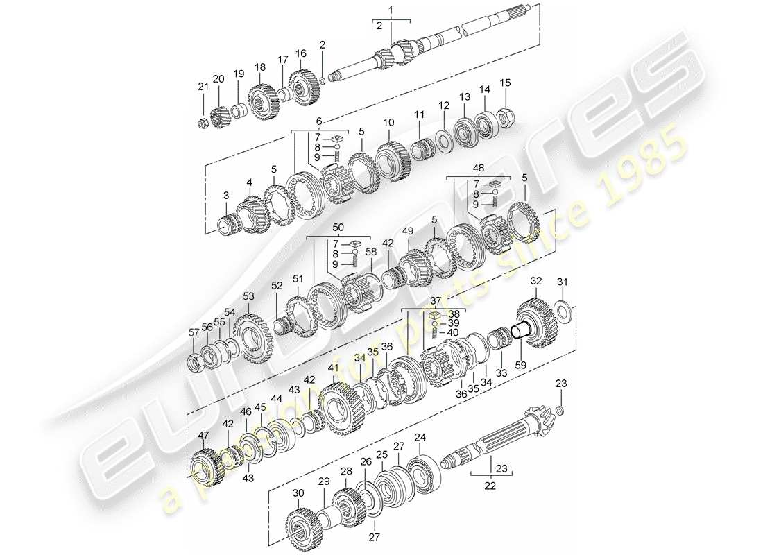 porsche 996 t/gt2 (2005) gears and shafts part diagram