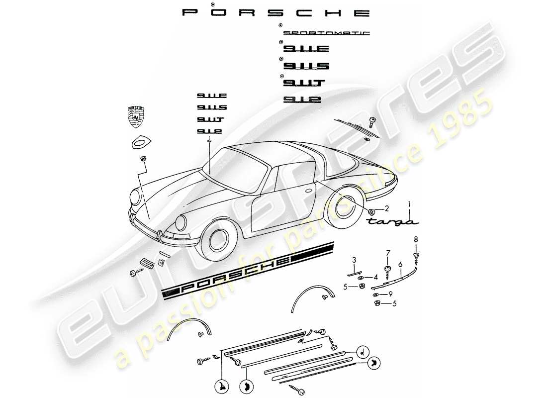 porsche 1965 (911/912) decorative fittings part diagram