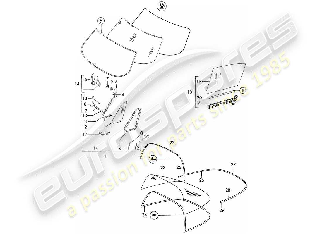 porsche 1965 (911/912) window glazing part diagram