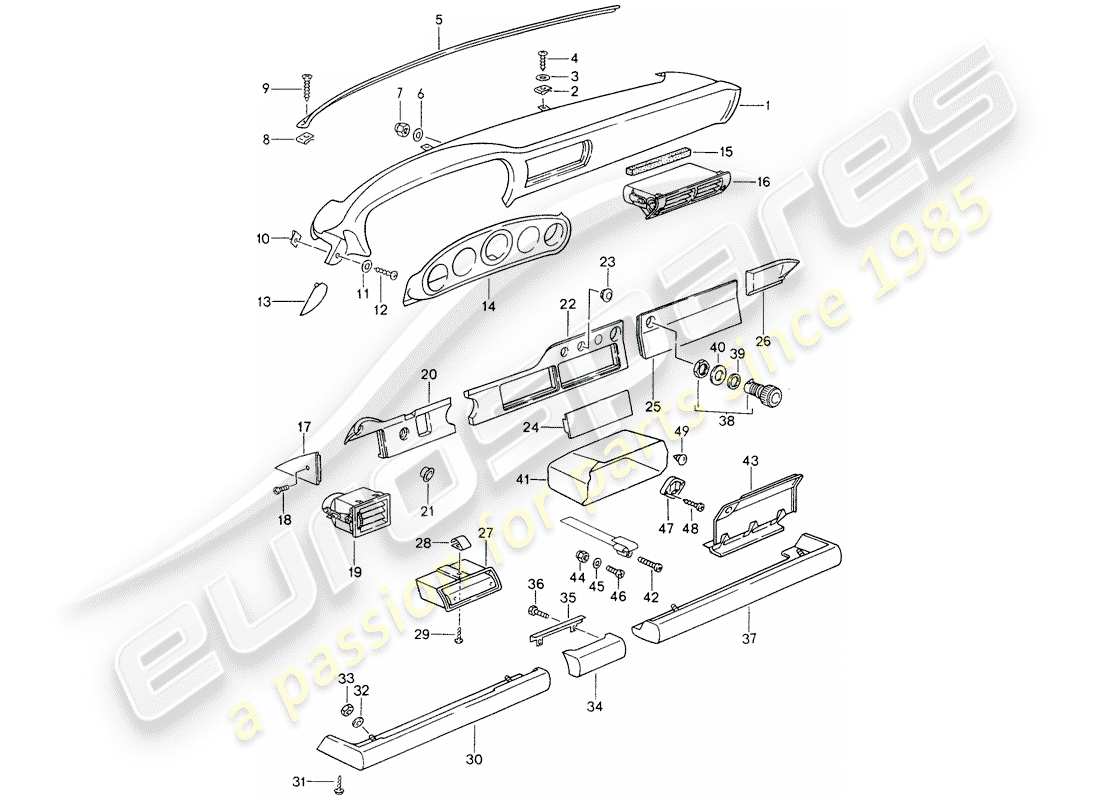 porsche 1997 (993) dashboard - knee pad trim - for cars without - airbag - (passenger side) part diagram