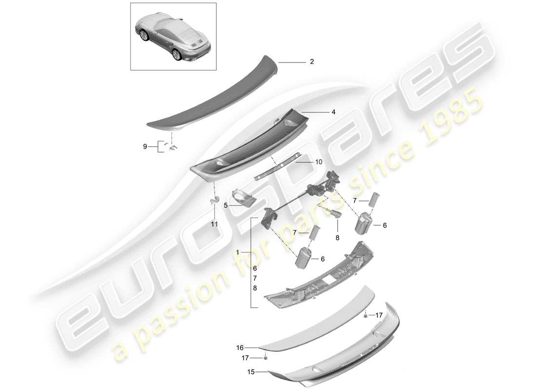 porsche 991 turbo (2014) rear spoiler part diagram