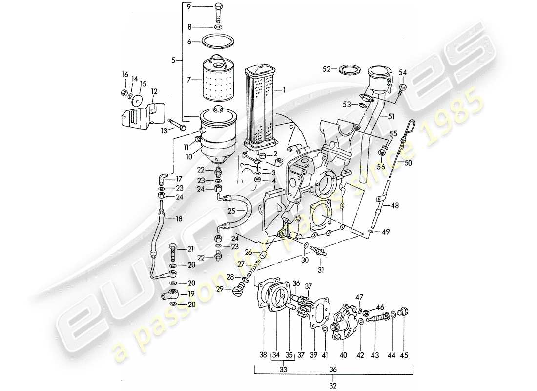 porsche 1954 (356/356a) engine lubrication - m >> 67 000 - m >> 81 200 part diagram