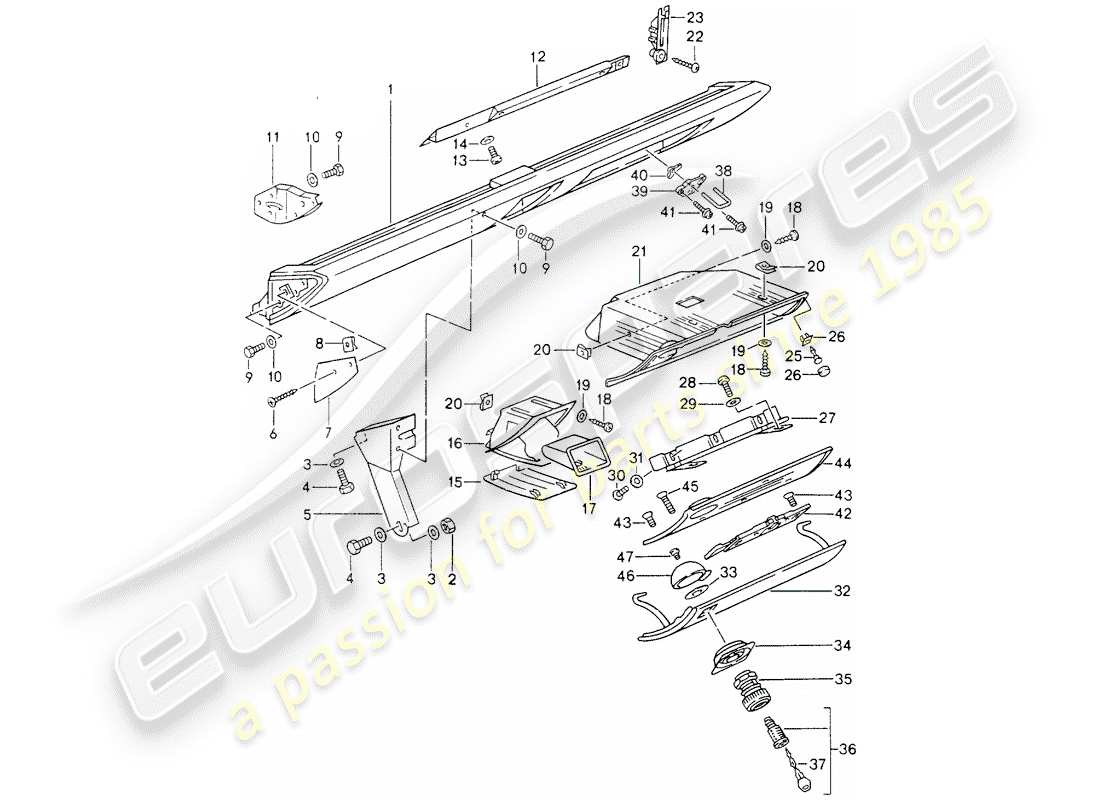 porsche 1990 (964) knee pad trim - airbag - for vehicles with - glove box lid - catch part diagram