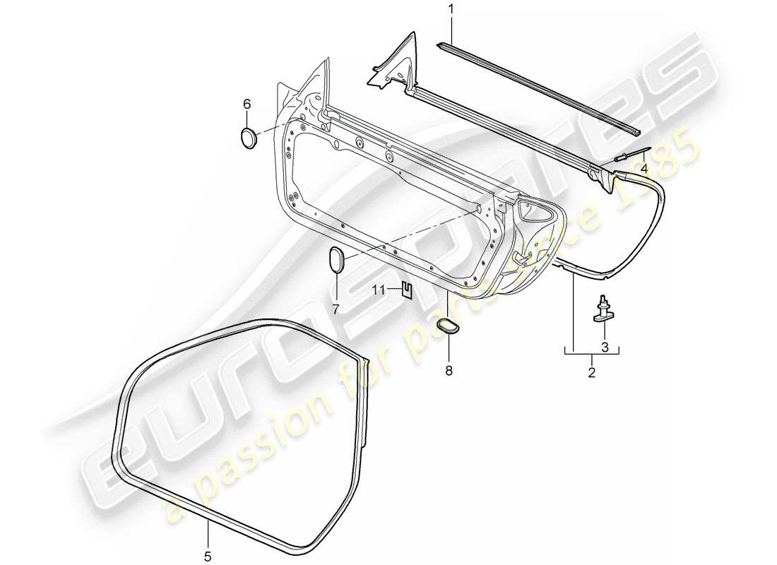porsche 2008 (997-1 gt3) door seal part diagram